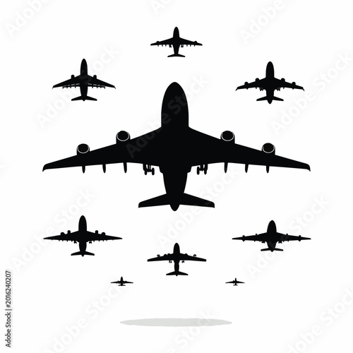 Airplanes flying in formation silhouette.