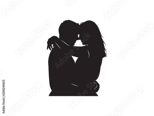 Black silhouette of a couple embracing and kissing isolated on white background