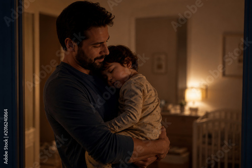 Father carrying sleeping child at night in cozy nursery