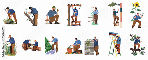Photos Set of illustrations depicting entomologists and naturalists studying spiders and webs in various outdoor and garden environments