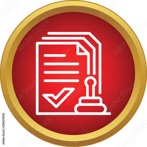 Document displaying a checkmark and being stamped for approval, symbolizing verification and compliance