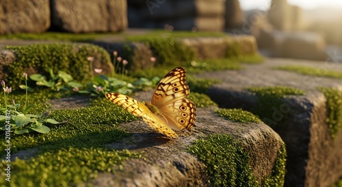 Golden butterfly resting on mossy rocks in a sunlit fantasy landscape