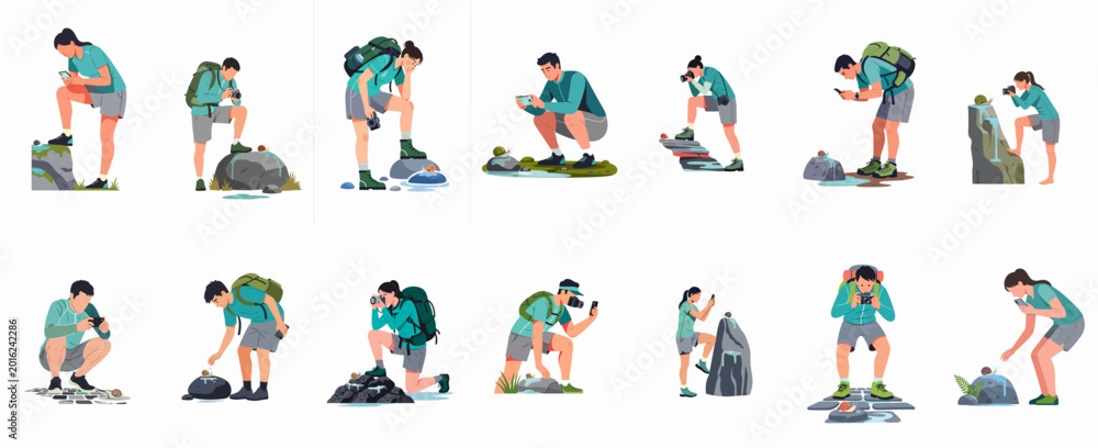 Fototapeta premium Collection of hikers and outdoor photographers taking macro photos of snails on rocks using cameras and smartphones, isolated on a white background.