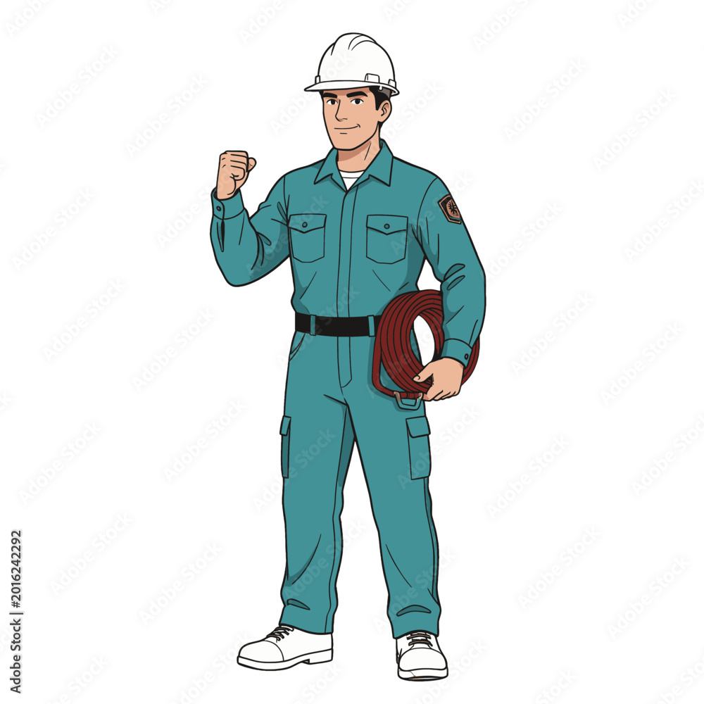 Fototapeta premium Construction Worker Holding Coiled Hose Vector Illustration, Isolated Transparent Background for Safety Equipment and Industrial Use