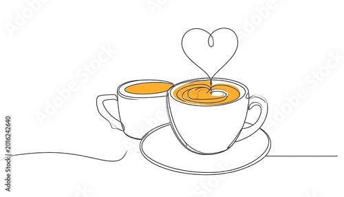 Two Coffee Cups Continuous Line Art Drawing With Golden Liquid And Heart Shape Steam On White Background