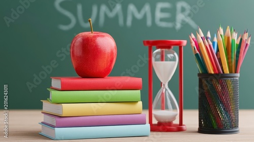 Red apple on colorful books with hourglass and colored pencil jar