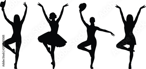 Black female dancer silhouettes, graceful ballet poses set, dynamic movement collection, women dancing with hats, artistic gymnastics, minimalist white background, isolated,