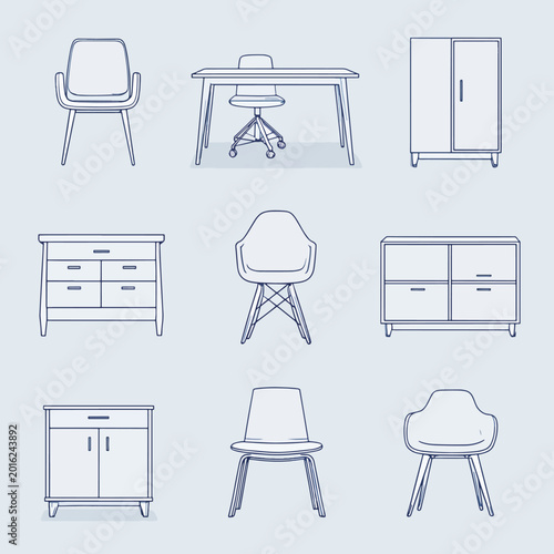Collection of various office furniture.