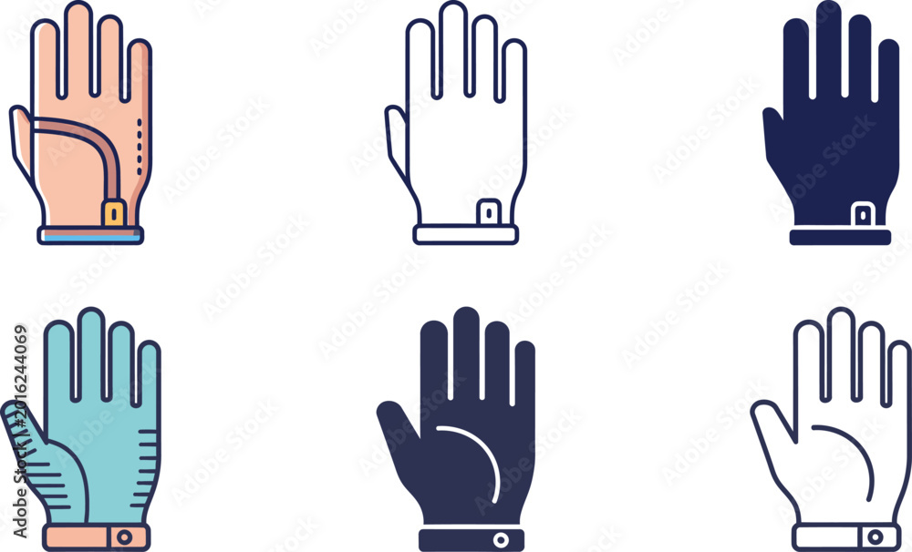 Fototapeta premium Collection of six flat vector illustrations depicting various hand gestures with wristbands, isolated on a plain background.