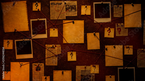 Quadro de detetive com papeis, fotos, pedaços de jornais e interrogações, cena de investigação e mistério sombrio