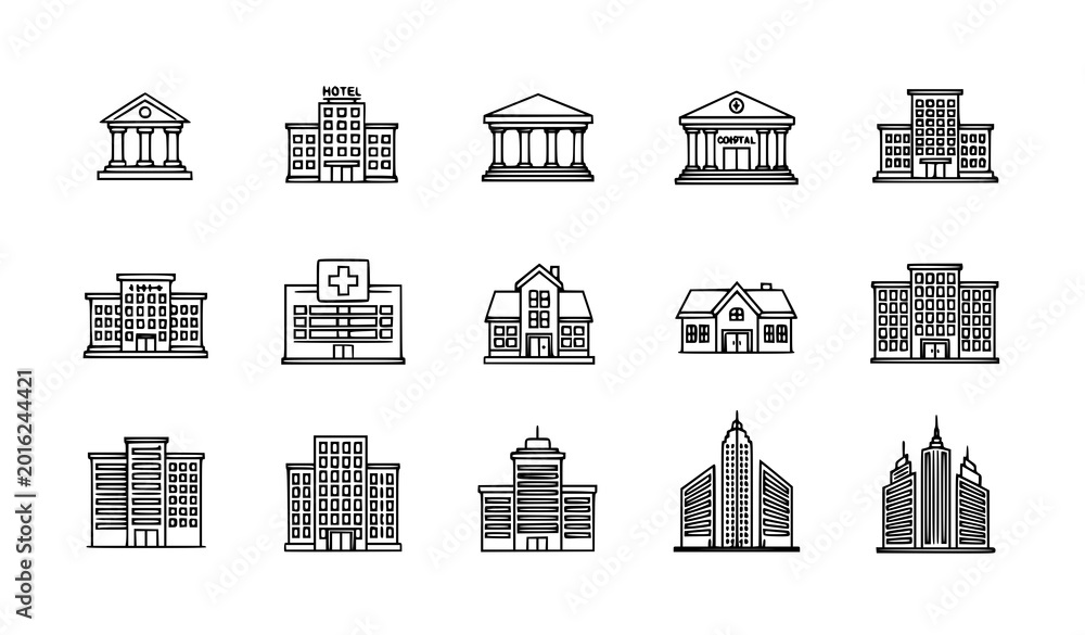 Obraz premium Urban building outline icon set with bank hotel hospital and city skyscraper vector collection