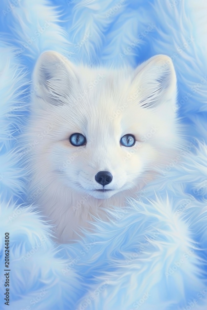 Fototapeta premium White fox with bright blue eyes rests in soft, fluffy blue fur. Peaceful and curious gaze captures gentle, serene winter wonder. Ideal for holiday, nature, or wildlife-themed designs