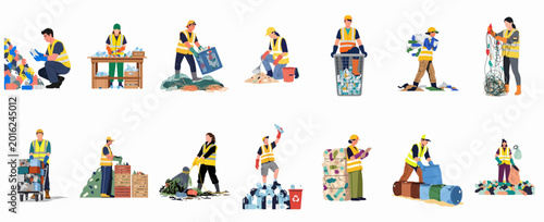 Foto Collection of waste management workers sorting and recycling plastic, paper, and glass materials to protect the environment
