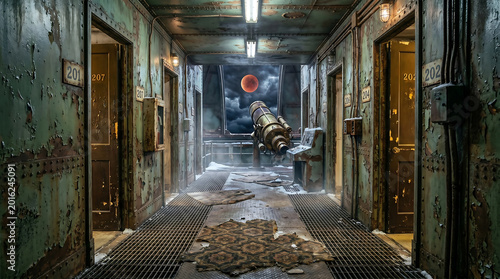 Abandoned Corridor with Telescope and Red Moon