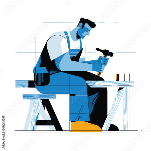 Man wearing overalls using a drill.