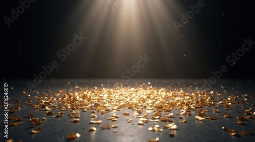 Golden confetti scattered on dark floor illuminated by dramatic light rays gold confetti