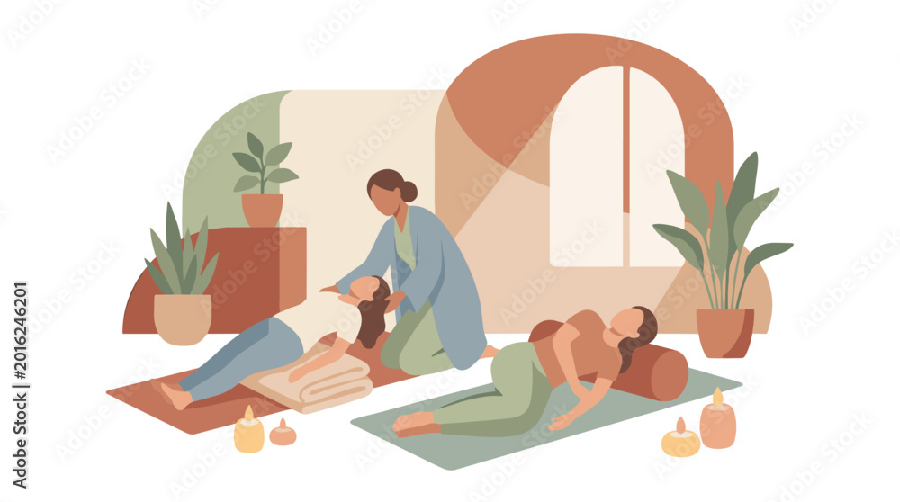 Obraz premium Massage Therapy Session With Two Therapists And Clients.