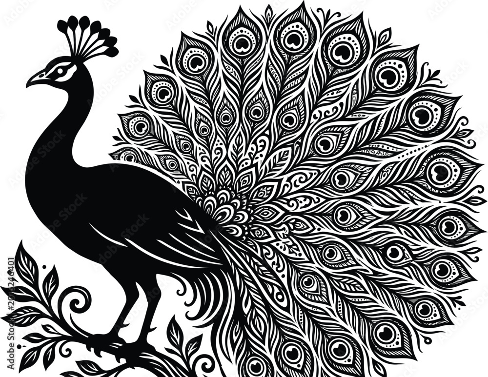 Fototapeta premium Peacock silhouette with ornate tail feathers on a white background