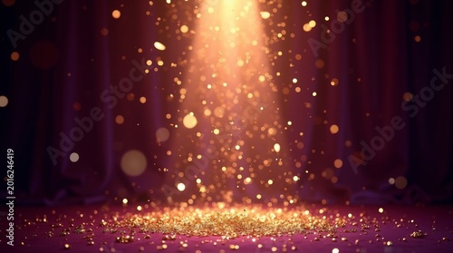 Golden glitter falling from spotlight onto purple stage image