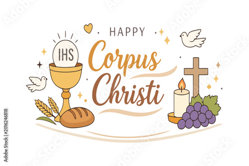 Happy corpus christi religious greeting card with chalice and bread symbols