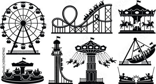 Obraz na plátně Black and white vintage amusement park rides illustration isolated on white back