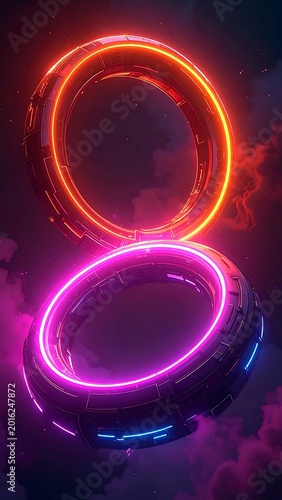 Two Futuristic Glowing Rings In Space 3d Render With Neon Orange And Pink Lights Floating In A Cosmic Nebula Background