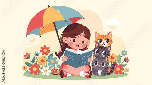 Girl sitting with cats outdoors reading.
