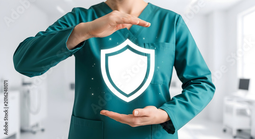 Healthcare worker holding glowing shield symbol representing safety protection and wellness.