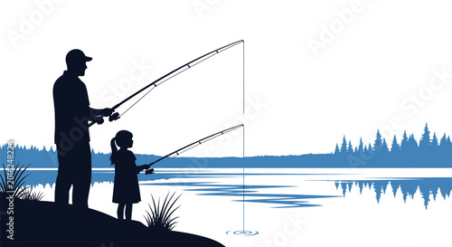 Silhouette of a father and daughter fishing together by a calm lake.