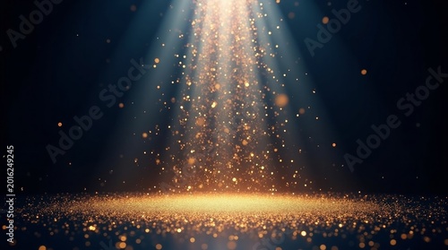 Golden particles falling from light beams onto sparkling ground glitter sparkle