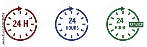 Photography 24 hours service icon set with circular arrows and clock symbols in brown, blue, and green colors