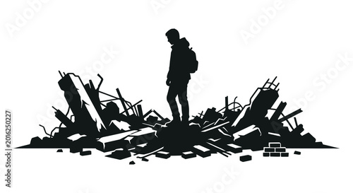 Foto Man standing amidst rubble and debris black silhouette