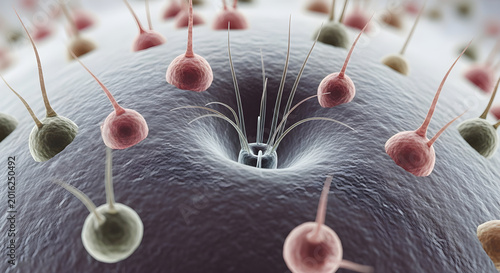 Microscopic view of cellular process involving interaction of diverse viral particles sphere.