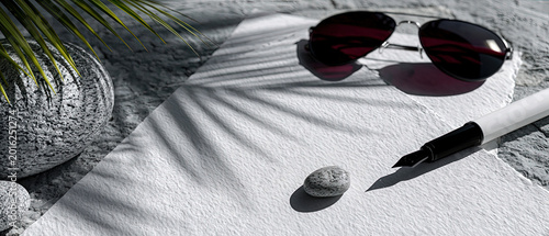 Minimal Summer Still Life With Fountain Pen, Sunglasses, Palm Shadow and Textured Paper