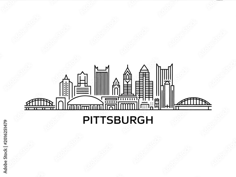 Fototapeta premium Line art illustration of Pittsburgh city skyline with bridges and buildings