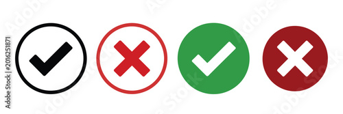 tick and cross icons pack, checkmark right symbol set, accept reject and confirmation signs, modern simple vector illustration collection.

