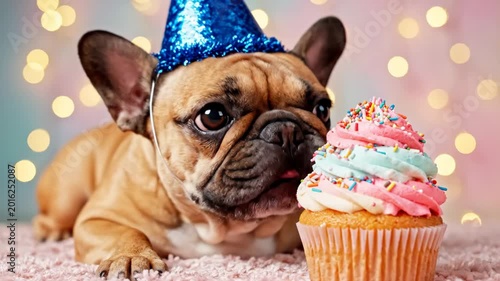 French Bulldog Birthday with Cupcake - An adorable French bulldog wearing a blue birthday hat looks longingly at a pastel cupcake with colorful sprinkles.