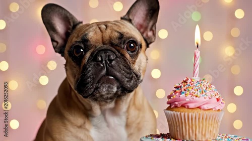 French Bulldog Birthday with Cupcake - A cute French Bulldog poses next to a pastel pink cupcake with a lit candle for a birthday celebration. The background features soft, warm bokeh lights.