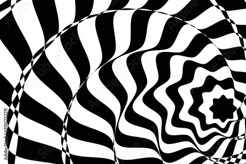 Hypnotic optical illusion background, black and white spiral pattern, psychedelic wavy lines texture, abstract geometric op art design
