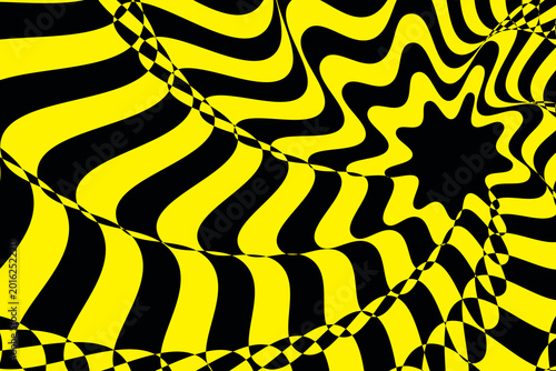 Psychedelic optical illusion background, yellow and black distorted wavy stripes, abstract trippy pattern with hypnotic spiral effect