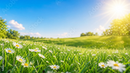 Sunny Green Meadow With Wildflowers and Blue Sky