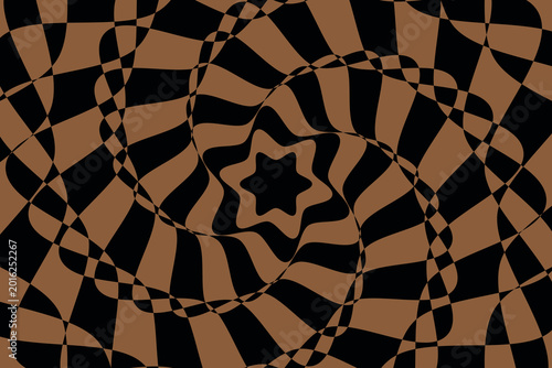 Psychedelic optical illusion background, brown and black distorted checkerboard spiral, trippy geometric vortex pattern for creative design