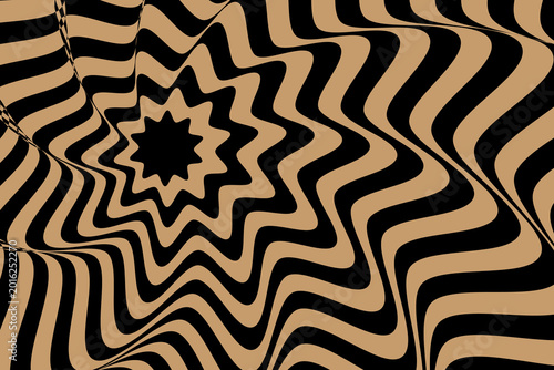 Psychedelic optical illusion background, hypnotic wavy star pattern in black and tan, trippy geometric swirl texture for modern graphic design