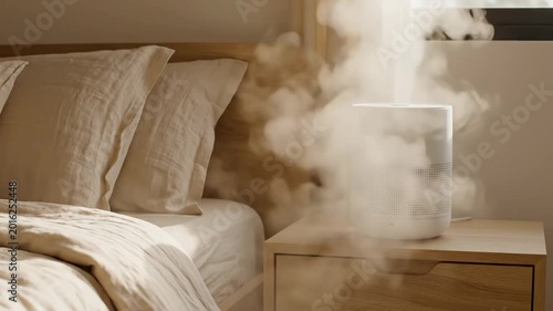 Air Humidifier in Minimalist Bedroom - A white air humidifier is operating on a wooden nightstand next to a bed in a minimalist, light-filled bedroom with beige tones.