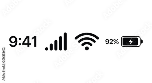 Mobile phone signal wifi and battery icons in black silhouette