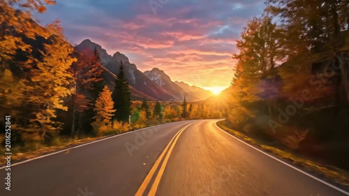 Scenic Autumn Road at Sunset - A beautiful asphalt road leads through a vibrant autumn landscape, with colorful trees lining the sides.