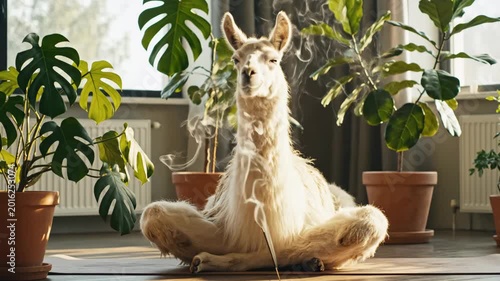 Meditative Llama in Yoga Position - A calm llama sits in a cross-legged yoga position on a mat, surrounded by green potted plants and incense.