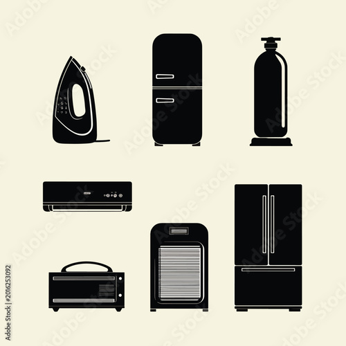 Black and white household appliances icons.
