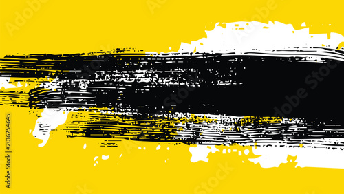 Bild auf Leinwand The brushstroke is a black streak in the center with white stains on a yellow background