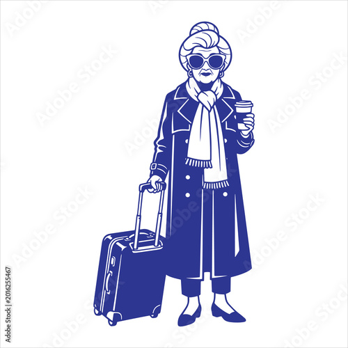 Stylish Grandma Traveling With Suitcase Illustration